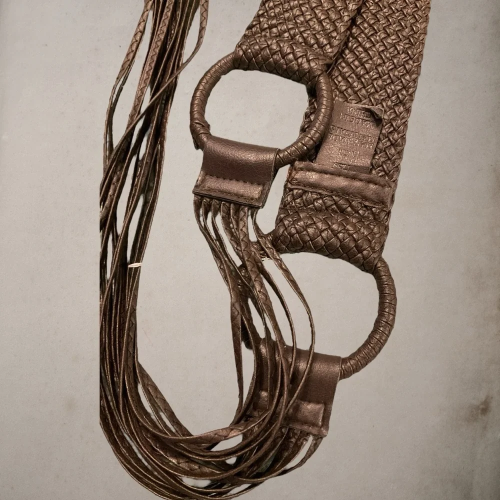 NWT | Women’s Braided Belt Faux Leather Fringe Ends | Sz L/XL | Dark Brown